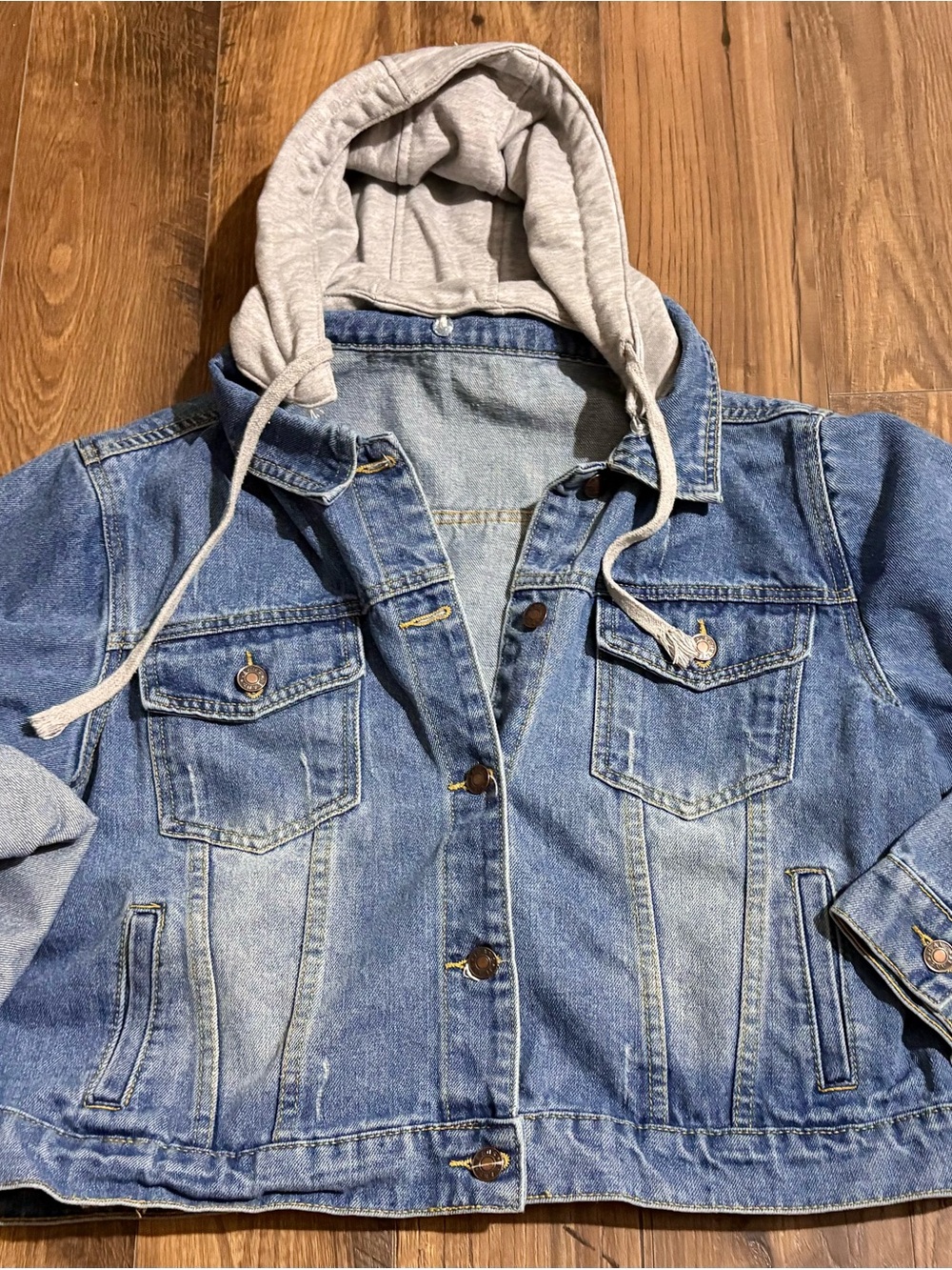 Girls' Blue Denim Jacket with Gray Hooded Layer